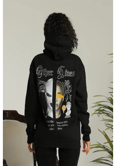 Oversize Üç İplik Kapüşonlu Sweatshirt Siyah Other Lives Ön Ve Arka Baskılı, Şardonlu Kışlık, Rahat Günlük Model Siiyah Siyah