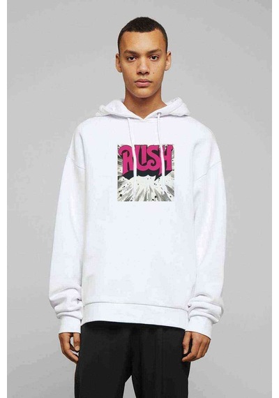 Rush Logo Jpeg Baskılı Beyaz Erkek Örme Kapşonlu Sweatshirt