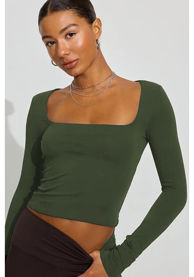 Seeh Haki Kare Yaka Uzun Kollu Kadın Body Sh206