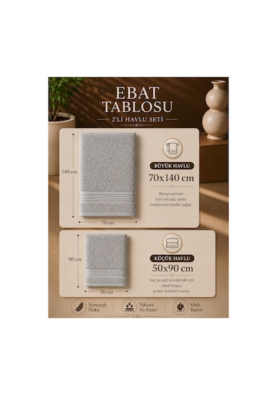 2 Li Banyo Havlu Seti 70x140 + 50x90 Yumuşak Dokulu Yüksek Emici Banyo Ve El Yüz Havlusu Takımı Gri