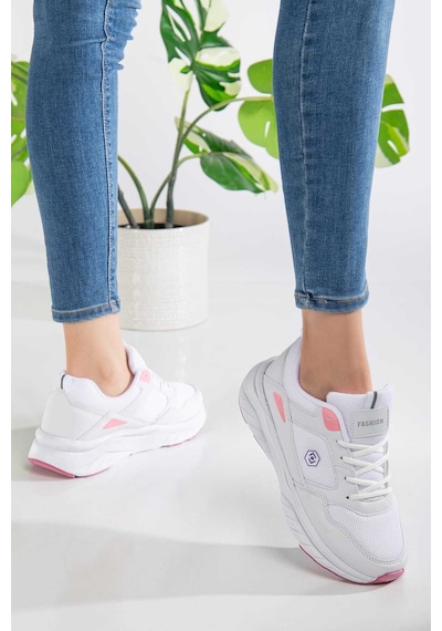 Queen Step Kadın Rahat Tekstil Spor Ayakkabı Step-100 Beyaz - Pembe
