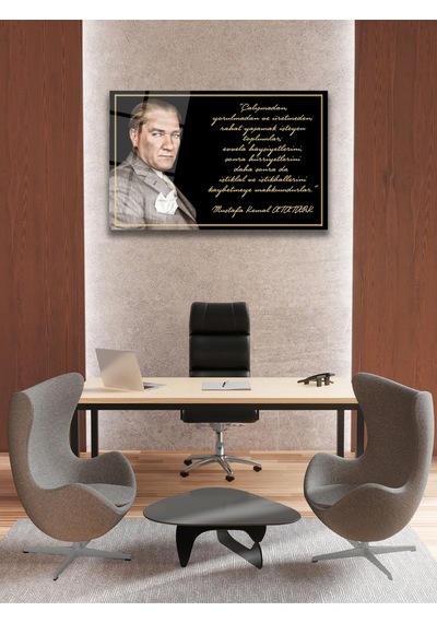 Atatürk Ve Sözleri Yatay Cam Tablo, Modern Ev Ofis Salon Duvar Dekoru Hediyelik Büyük Tablo Dekor