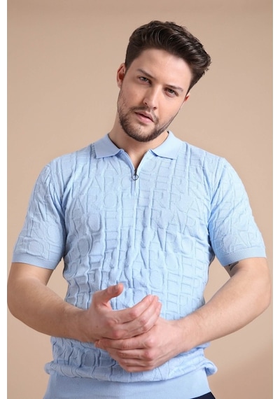 Ferraro Mavi Polo Yaka Fermuarlı Erkek Pamuk Triko T-Shirt-Mavi (417942609) Mavi