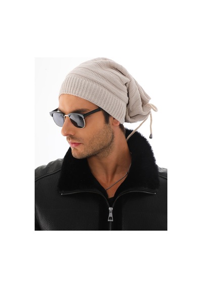 Ritagarcia Unisex Arkası İpli Büzgülü Triko Bere Kışlık Dökümlü Slouchy Beanie Bere Taş Rengi