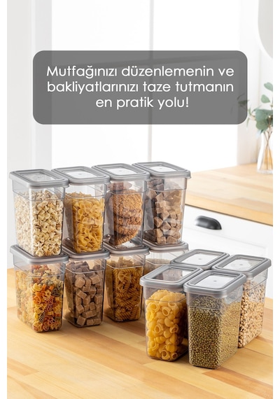 12'li Etiketli Erzak Saklama Kabı Seti - Sızdırmaz Kapaklı Bakliyat Saklama Kutusu - 12 X 1100 Ml Antrasit