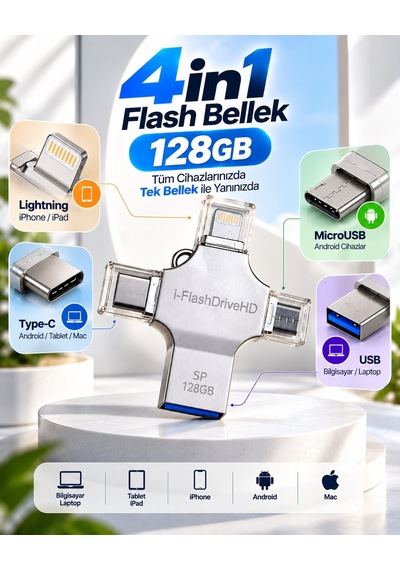 4in1 128gb Usb Flash Bellek Lightning Type-c Usb-a Microusb Girişli Çok Amaçlı Bellek