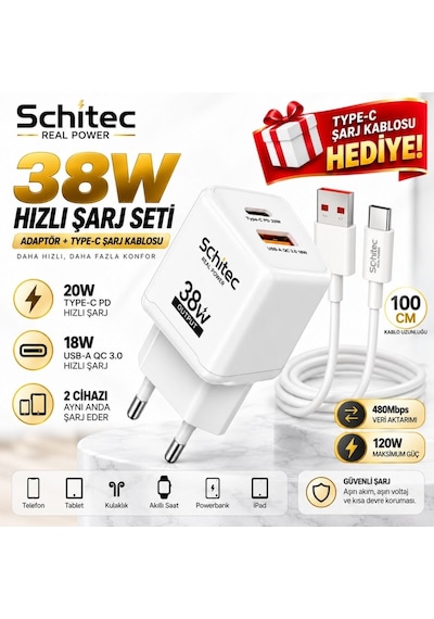 Schitec 38w Çift Çıkışlı Süper Hızlı Şarj Adaptörü Ve 120w Usb-a To Type-c Örgülü Data Ve Hızlı Şarj Kablosu