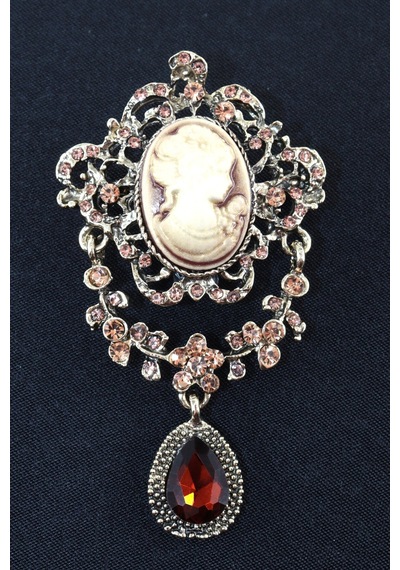 Kameo Vintage Broş, Garnet Kristal Taşlı Sallantılı Eskitme Bronz Renkli Kadın Yaka İğnesi Çok renkli