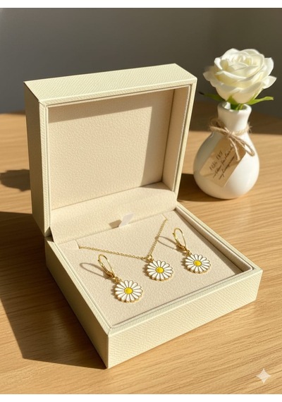 925 Ayar Papatya Silver Yılbaşı Özel Tasarım Papatya Kolye Küpe Set.rose.gold.rodaj Gümüş