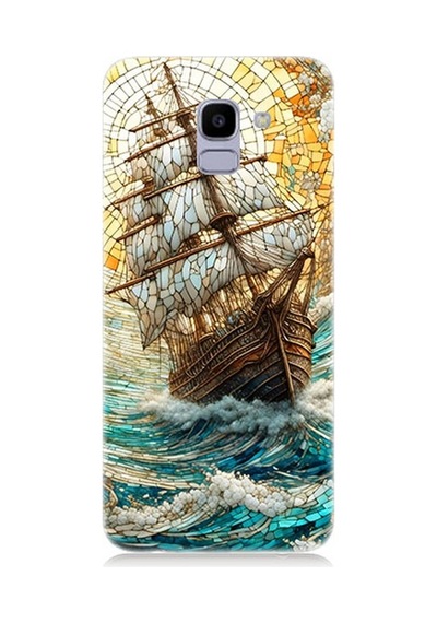 Samsung Galaxy J6 Uyumlu Fırtınada Yelkenli Mücadele Vitray Desenli Silikon Kılıf Çok Renkli