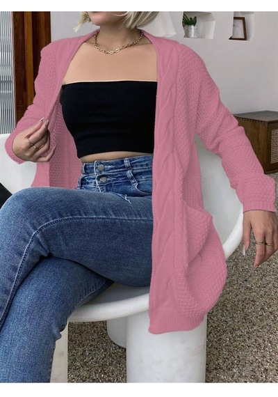 Aqe Fashion Örgü Şeritli Rahat Kalıp Esnek Cepli Kadın Pudra Triko Hırka Pudra