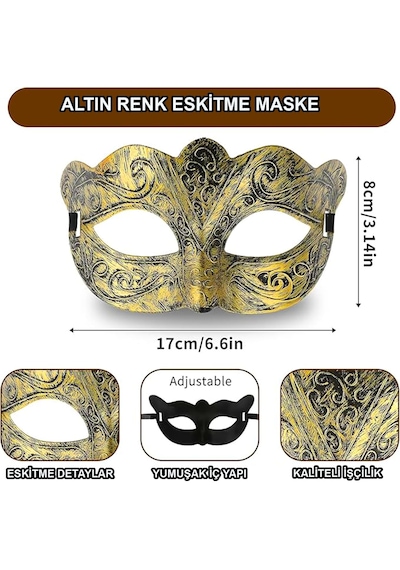 Esenoselect Altın Renk Eskitme Maskeli Balo Maskesi Venedik Tarzı Parti Maskesi -