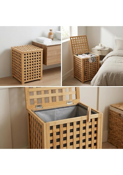 Deconox Kare Bambu Çamaşır Sepeti 40x40x56 Cm - İçi Bezli, Kapaklı Doğal Ahşap Kirli Sepeti Diğer