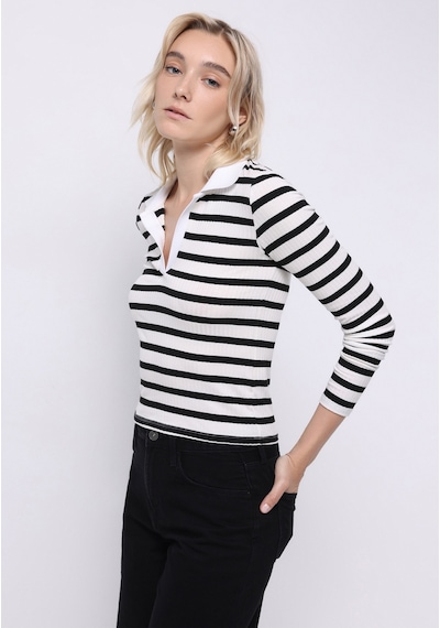 Colin's Colins Slim Fit Polo Yaka Çizgili Kadın Siyah Uzun Kol Tişört Cl1075895 Q1.v1 Blk SIYAH