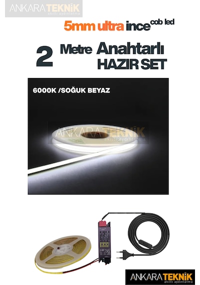 Ankara Teknik 5mm Ultra Ince Cob Şerit Led - 6000k Soğuk Beyaz 12volt Tak Çalıştır Anahtarlı Set Metre Seçiniz 2 Metre