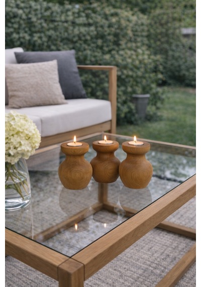 3 Lü Büyük Nar Model Tealight Ahşap Şamdan Seti Dekoratif Şamdan