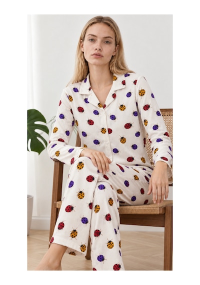 Kadın Uğur Böcekli Gömlek Yaka Beyaz Pijama Takımı 4827