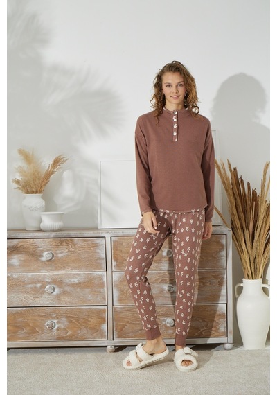 Sevim Kadın Uzun Kol Jakarlı Kalın Kahve Pijama Takımı C1t5n1o94 001