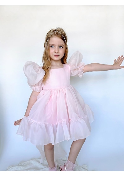 Linola Baby Kids Puffy Şifon Kız Çocuk Parti Elbisesi Pudra