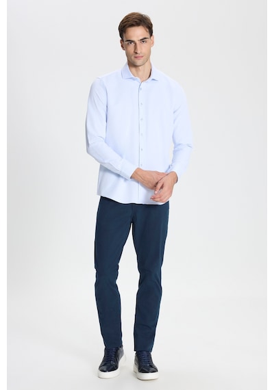 George Henry Pamuklu Oxford Slim Fit Dar Kesim İtalyan Yaka Armürlü Gömlek Mavi