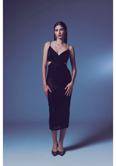 Sateen Dekolteli Payet Elbise - Siyah-135638 Siyah