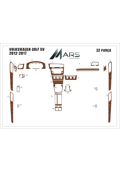 Volkswagen Golf 7 Torpido Kaplama 2012 - 2016 32 Parça Full Set Açık Meşe