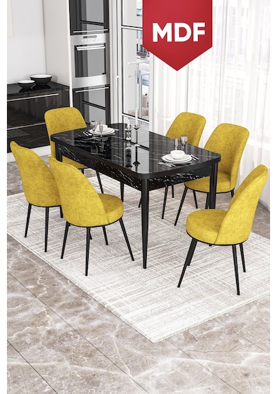 Canisa Concept Kor Serisi 70x114 MDF Açılabilir Mutfak Masası Takımı Siyah Mermer Desen Masa 6 Hardal Sandalye Canisa Concept Kor Serisi 70x114 MDF Açılabilir Mutfak Masası Takımı Siyah Mermer Desen Masa 6 Hardal Sandalye
