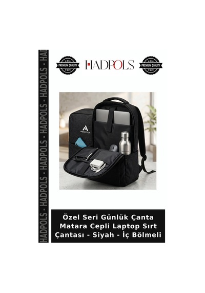 Hadpols Özel Seri Günlük Çanta Matara Cepli Laptop Sırt Çantası - Siyah - İç Bölmeli