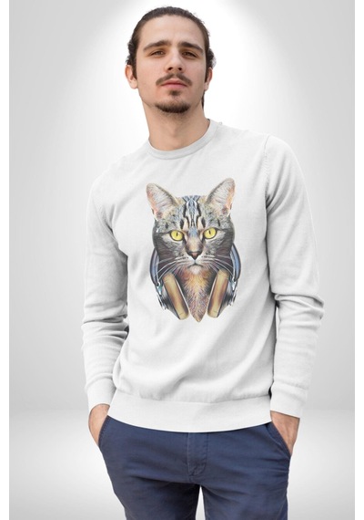 Kulaklık Kedi Unisex Beyaz Baskılı Sweatshirt Beyaz