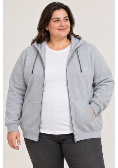 Butik İstanbul Battal Büyük Beden Üç İplik İçi Şardonlu Kapüşonlu Tam Fermuarlı Kışlık Sweatshirt - Gri