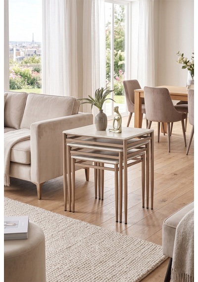 Traverten Desen Membran Kaplama 3'lü Zigon Sehpa Takımı Cappuccino Metal Ayaklı Modern Sehpa Seti