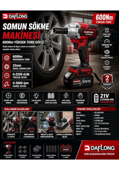 Daflong DFL288 Pro 6'lı Set - 4 Bataryalı Taşıma Çantalı 80NM Şarjlı Matkap + 600NM Torklu Bijon Sökme + Devir Ayarlı Taşlama + Kırıcı Delici Hilti + Sunta Kesme + Dekupaj Makinesi