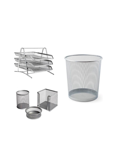 Ofis Set Gri-gümüş 3 Lü Evrak Rafı+3 Lü Masa Set Ve 10 Lt Çöp Kovası