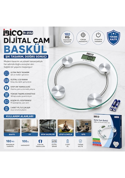 Go İthalat Dijital - Pilli Yuvarlak Banyo Baskül Terazi Tartı Lcd Ekran 180kg/0.1g 30x30cm İ11-026