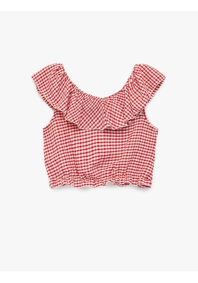 Koton Fırfırlı Ekoseli Crop Kız Çocuk Bluz 6skg60064ak Kırmızı