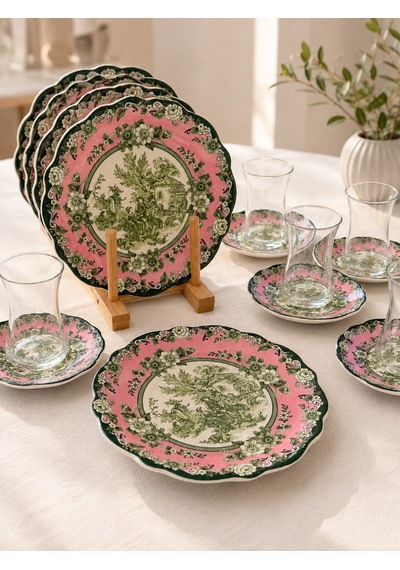 18 Parça 6 Kişilik Venora Pink Pasta Çay Saati Seti-7218 Çok Renkli