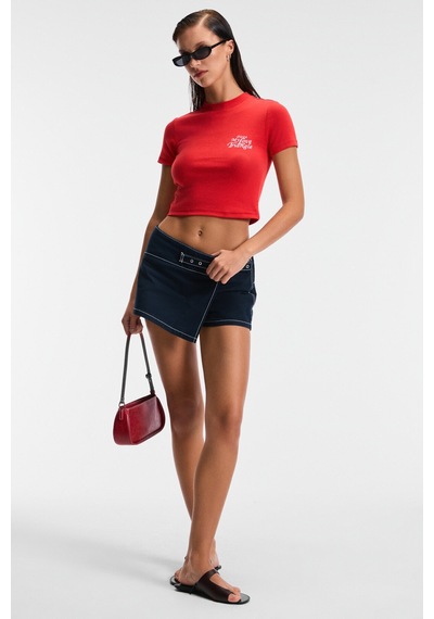 ETHIQUET MIREZA Kadın Baskı Detaylı Slim Fit Kısa Kollu Yuvarlak Yaka Kırmızı T-Shirt
