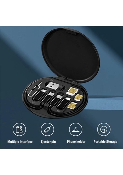 Aquatech 60w Çok Fonksiyonlu Veri Kablo Seti, Usb-a/usb-c/lightning/micro Usb Dönüştürücü Kablo Kiti, Sım İğneli Kart Saklama Kutusu, 29cm Taşınabilir Şarj Kablosu Siyah
