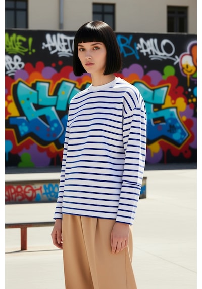 Benerly Kadın Bisiklet Yaka Düşük Kol Çizgili Örme Geniş Kesim Sweatshirt beyaz
