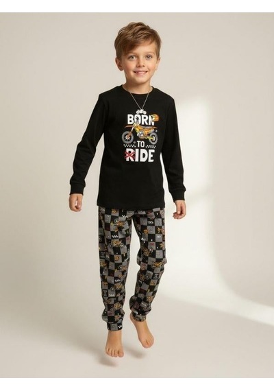 Zekids Erkek Çocuk Pamuklu Born To Ride Baskılı Pijama Takımı-16820 Siyah