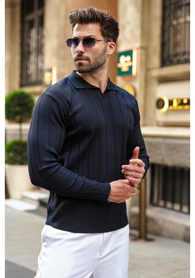 Madmext Koyu Lacivert Polo Yaka Desenli Over Fit Erkek Triko Kazak E7517