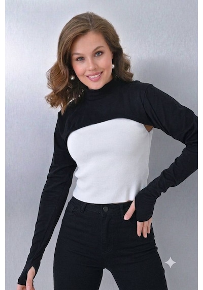 Aldaıyr Parmaklı Tesettür Boyunluk Yakalı Uzun Kollu Kolluklu Body Bluz Bolero Rahat Tasarım Siyah