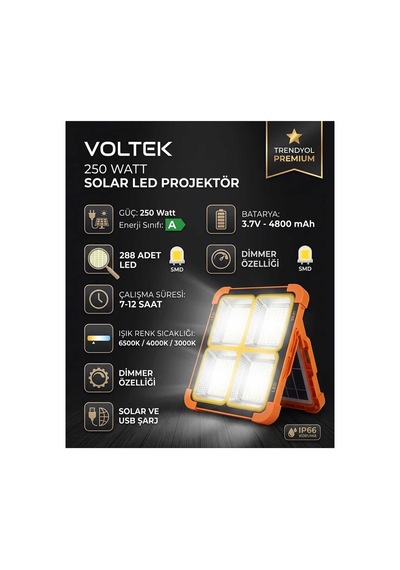 250w Solar Led Projektör 6500k-4000k-3000k