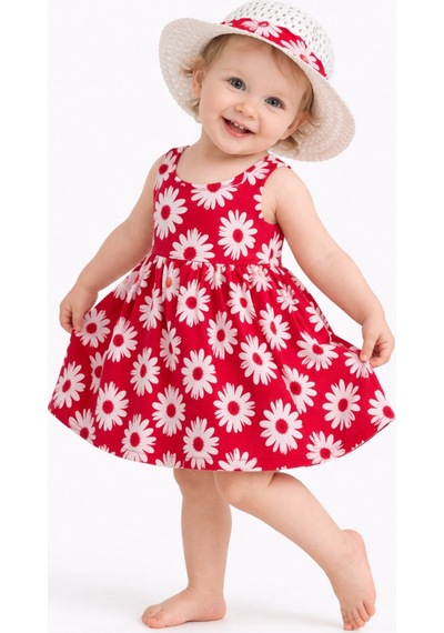 Chicsy Baby Tatlı Kız Bebek Papatya Desenli Tarz Elbise Şapkalı Yazlık Kombin Kırmızı