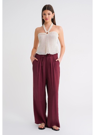 Mixray 4627 Kadın Bol Paça Beli Pileli Palazzo Geniş Kalıp Pantolon Bordo