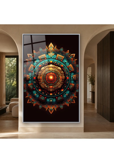 Işıltılı Turkuaz Kabartma Mandala Gümüş Çerçeveli Cam Tablo