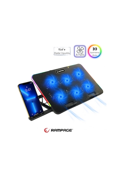 Rampage Sixpower R9 6 Fan RGB Işıklı Telefon Tutuculu Laptop Soğutucu