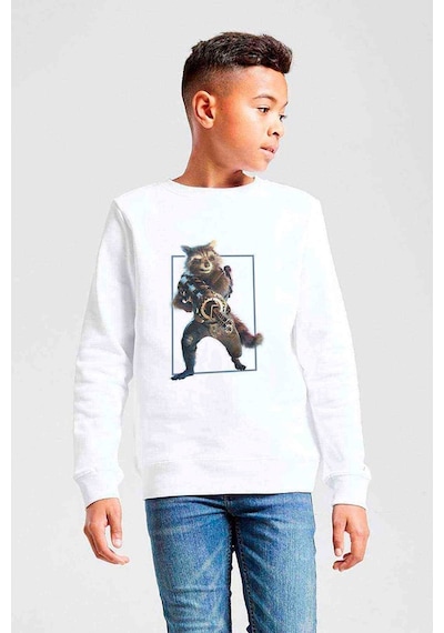 Tshirthane Roket Rakun Galaxy Baskılı Unisex Çocuk Beyaz Sweatshirt Beyaz