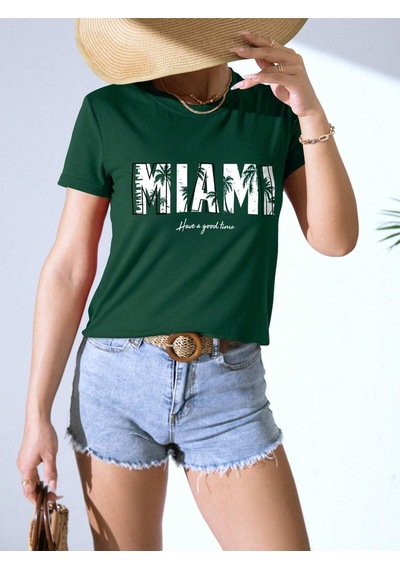 Miami T-shirt - Nefti Yeşil Baskılı Oversize Bisiklet Yaka Kısa Kol Tişört Nefti Yeşil