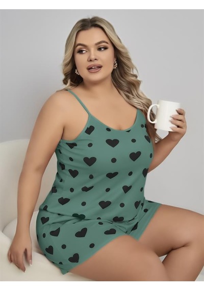 Red Womans Büyük Beden Yeşil Kalp Desen Pamuklu Şortlu Pijama Takımı